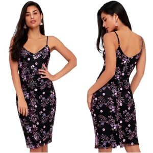 Lulus Majestic Petals Black Purple Embroidered Bodycon Midi Dress Large